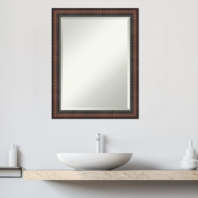 Amanti Art Brown Bathroom Mirror for Over Sink, 28x22 Caleb Brown Rectangle Vanity Mirror, Medium Rustic Farmhouse Frame, Hangs Horizonally and Vertically, Bathroom Wall Decor, Beveled Edge
