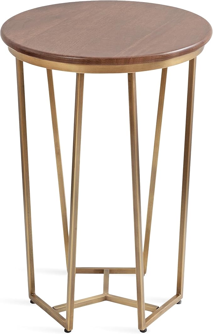 Kate and Laurel Solvay Round Metal and Wood Side Table; 16 x 16 x 24; Walnut and Antique Brass; Mid-Century Modern Bedroom Nightstand Table with Solid Mango Wood Tabletop and Iron Base