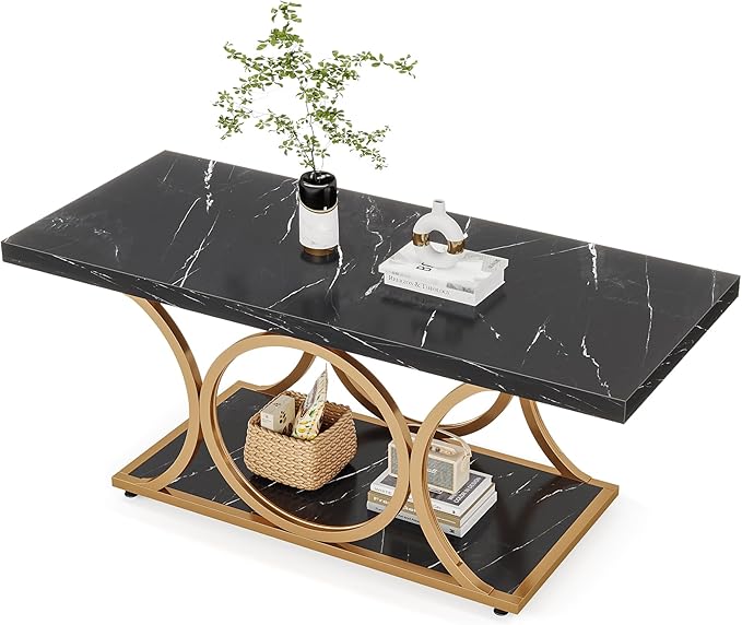 Tribesigns Rectangle Coffee Table, 47.24-inch Modern Coffee Tables for Living Room, 2-Tier Faux Marble Wood Coffee Table with Geometric Metal Legs, Furniture with Storage Shelf (Black & Gold)