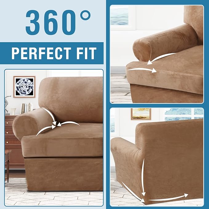 H.VERSAILTEX Sofa Cover 2 Piece T Cushion Armchair Slipcovers Thick Velvet Couch Cover Furniture Protector Stretch T Cushion Sofa Covers for 1 Cushion Couch with 1 Individual T Cushion Covers, Camel