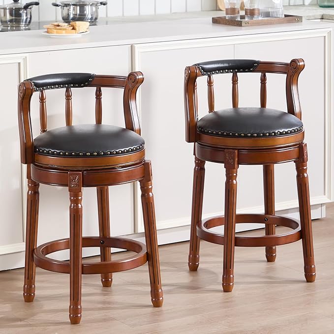 Cow top Leather Wooden Bar Stools, 360 Degree Swivel Bar Height Chair with Backs for Home Kitchen Counter, Morden Chair Barstools (Black-2pc, Counter Height-Seat Height 26”)