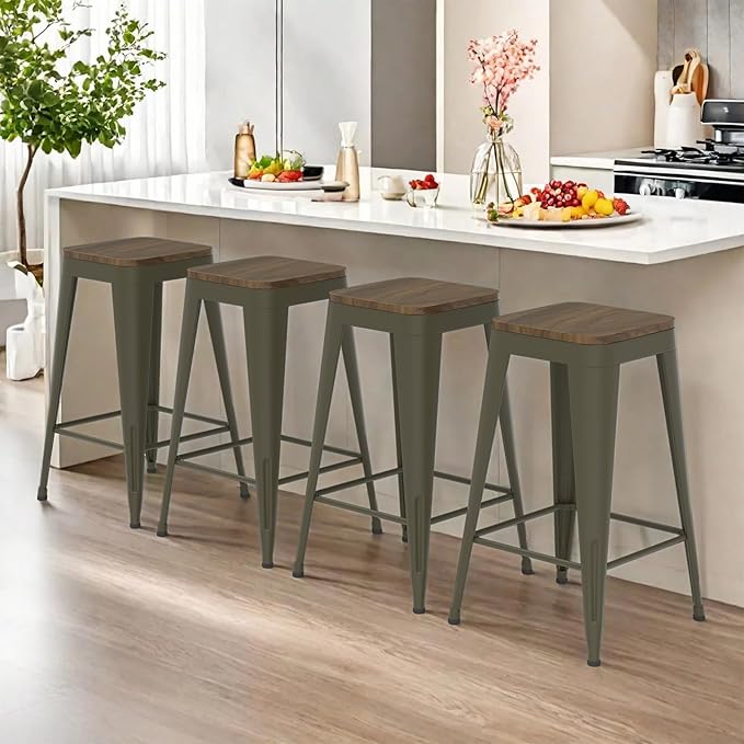 24 inch Backless Bar Stools Set of 4, Indoor Metal Bar Stools with Wood Seat, Industrial Counter Height Barstools for Kitchen Island, Rusty