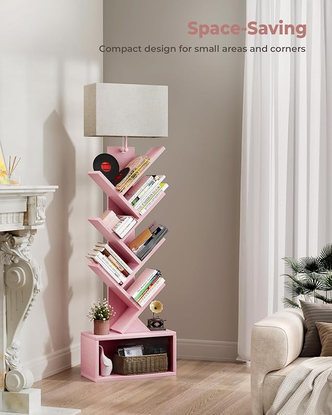 6 Tier Tree Bookshelf with Light, Narrow Bookcase Tower, Tall Floor Standing Book Shelf Organizer with Storage Cabinet for Living Room, Bedroom and Home Office, Pink