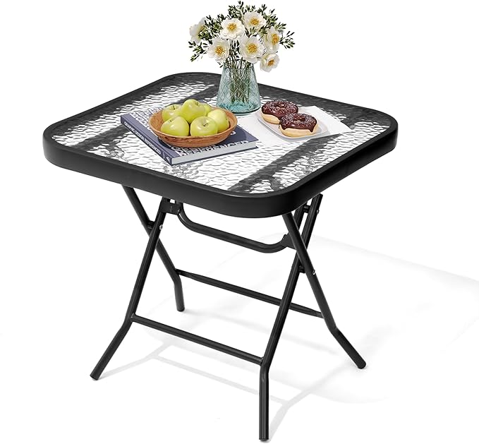 Foldable Outdoor Side Table with Tempered Glass Top Square 18" Folding Patio Side Table Small Glass End Tables for Patio Porch Yard Balcony Deck Lawn Dining Garden (Black)