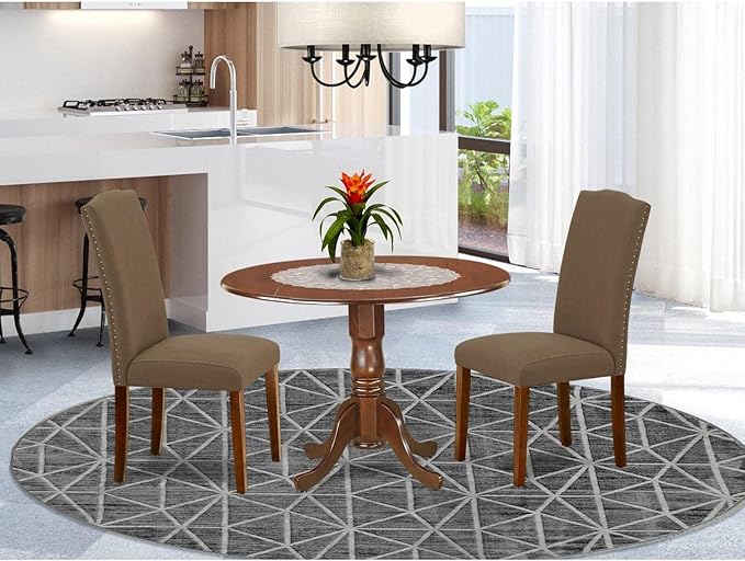 East West Furniture DLEN3-MAH-18 3 Piece Dining Room Furniture Set Contains a Round Dining Table with Dropleaf and 2 Dark Coffee Linen Fabric Parsons Chairs, 42x42 Inch, Mahogany