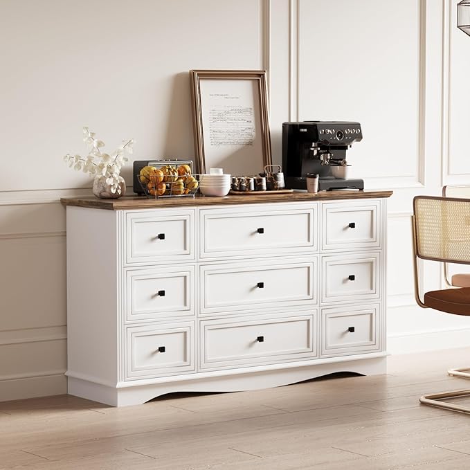 57" Wooden Dresser with 9 Drawers, Modern Farmhouse Furniture Organizer, Chest of Drawers with Rustic Top, Bedroom Storage Cabinet for Clothes, Accessories, Living Room, or Entryway, White