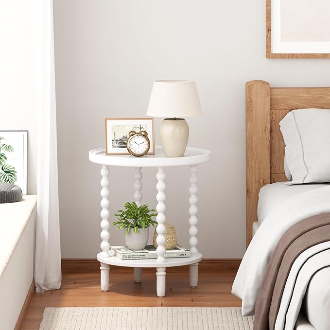Gadroad Round End Table with Storage Shelf, 2 Tier Couch Side Table, Wood Coffee Table for Living Room, Bedroom, White 19.3 * 19.3 * 25.6 inches