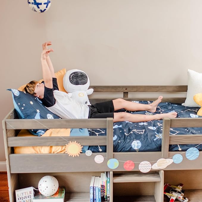 Max & Lily Modern Farmhouse Low Loft Bed, Twin Bed Frame for Kids with 2 Bookcases, Driftwood