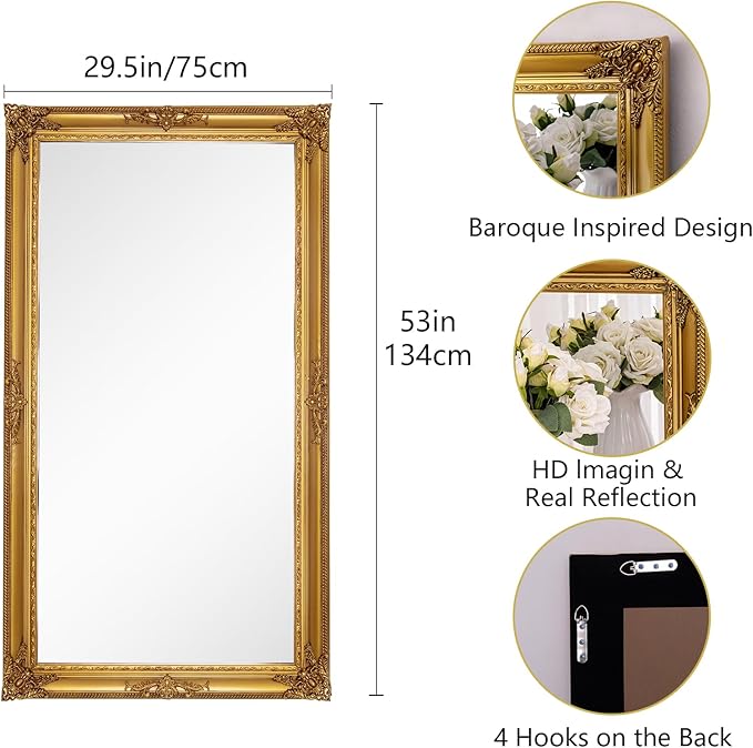Large Decorative Mirror, 53"x29.5"Traditional Antique Baroque Mirror, Vintage Gold Decor for Living Room, Fireplace, Entryway, Horizontal/Vertical