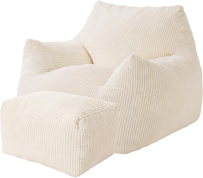 Big Bean Bag Chair for Adults & Kids, Ultra Soft Living Room Bean Bag with Armrests & Ottoman, Stuffed BeanBag Floor Sofa for Napping, Gaming, Lounging, Beige