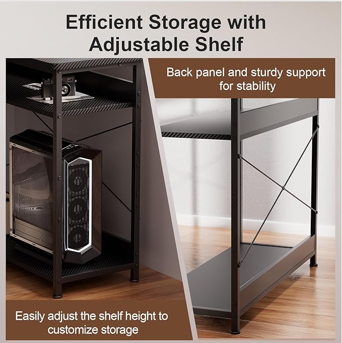 GTPLAYER L Shaped Gaming Desk, Carbon Fiber Style Computer Desk with Monitor Shelf and Hook, Black Small L Shape Desk with Adjustable Open Storage Shelf, Corner PC Table for Small Space Home Office