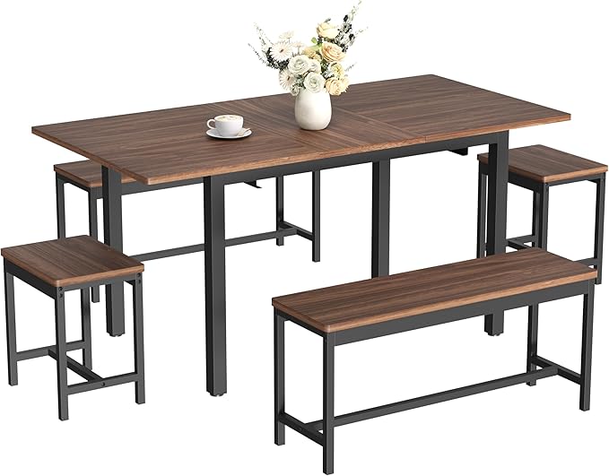 GarveeHome 5-Piece Dining Table Set for 4-8 People, 63" Large Extendable Kitchen Table Set with 2 Benches and 2 Square Stools, Modern Dining Room Furniture Sets, Easy Assembly, Espresso