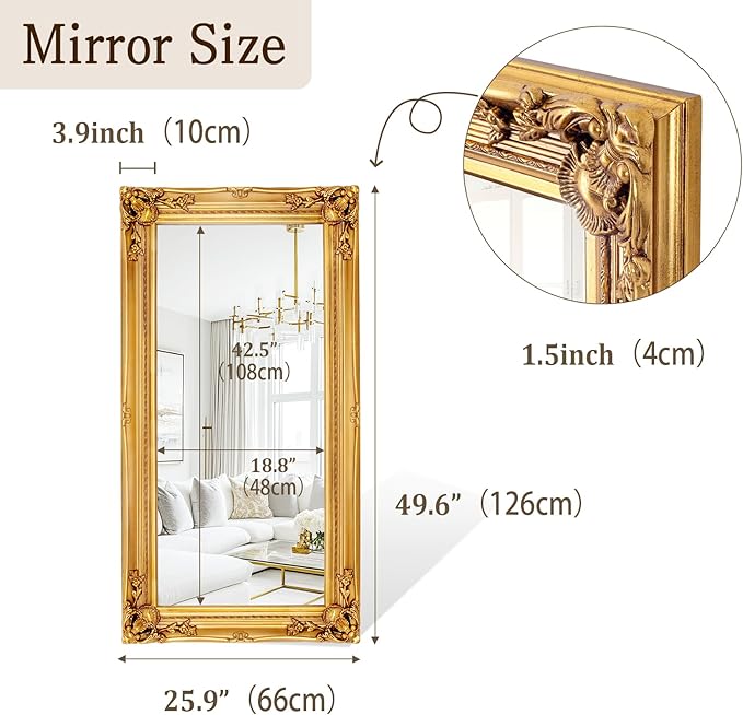Large Decorative Mirrors for Living Room, 49.6''x25.9''Gold Vintage Dining Room Mirror with Ornate Frame, Traditional Baroque Entryway Mirror, Horizontal/Vertical
