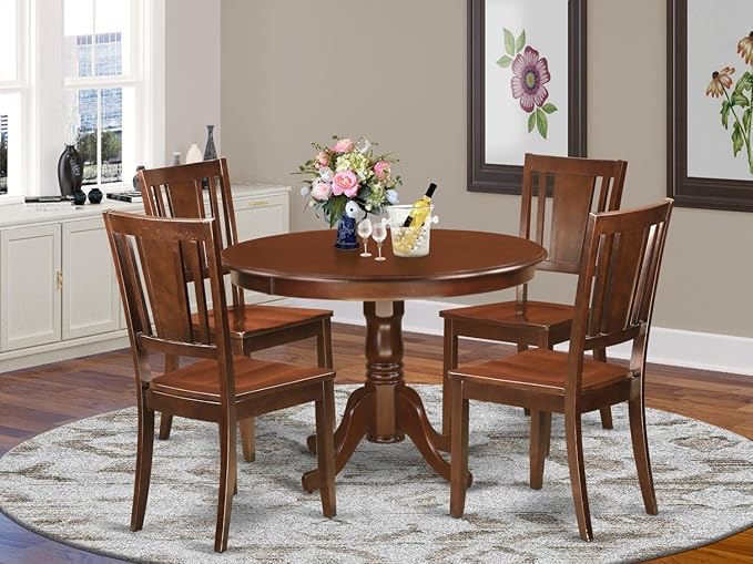 East West Furniture HLDU5-MAH-W 5 Piece Dining Set Includes a Round Dining Room Table with Pedestal and 4 Kitchen Chairs, 42x42 Inch, Mahogany