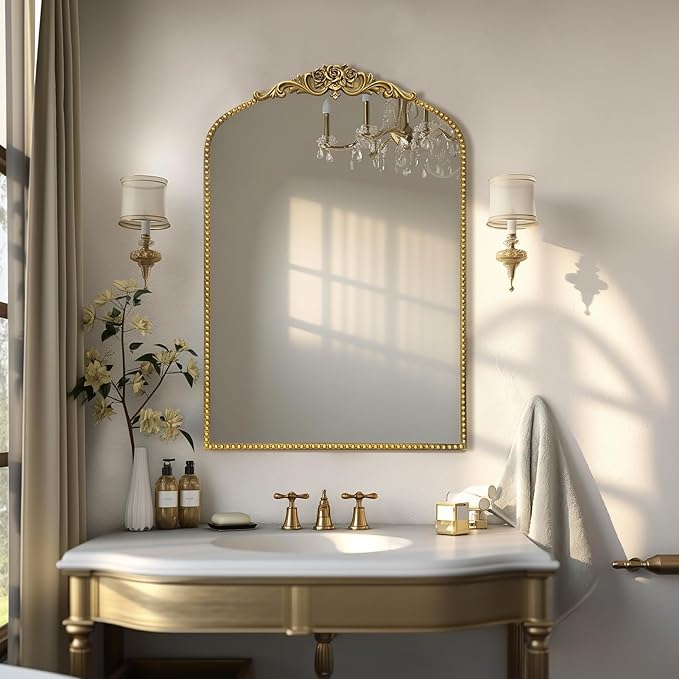 AIXI HOME Vintage Gold Arched Mirror 24"x36", Traditional Arendahl Antique Mirror with Ornate Metal Frame, Baroque Wall Mounted Mirrors for Entryway/Bathroom/Living Room/Hallway/Bedroom