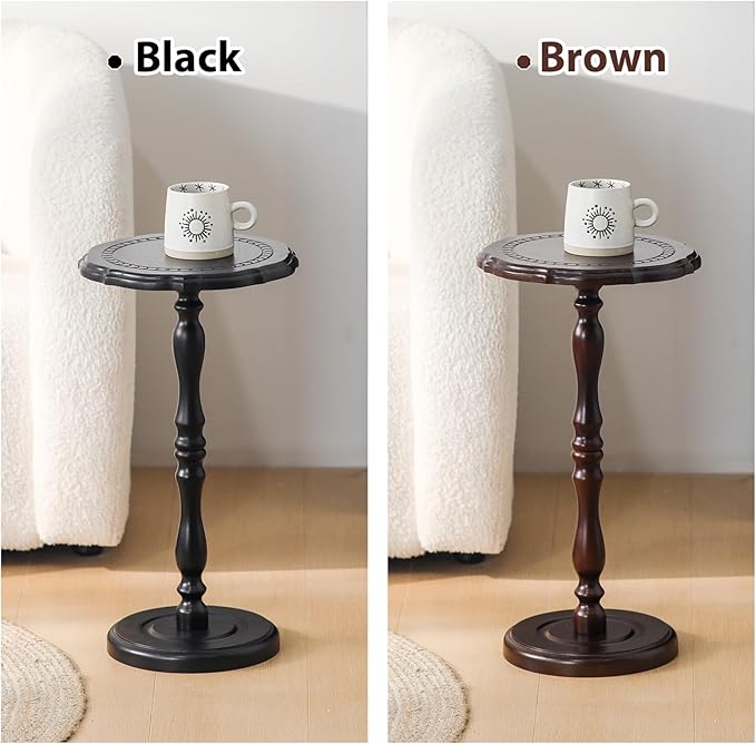 Drink Table, Small Side Table for Small Spaces, Round Solid Wood Modern Accent Nightstand for Living Room, Bedroom, Corners and Office, Black