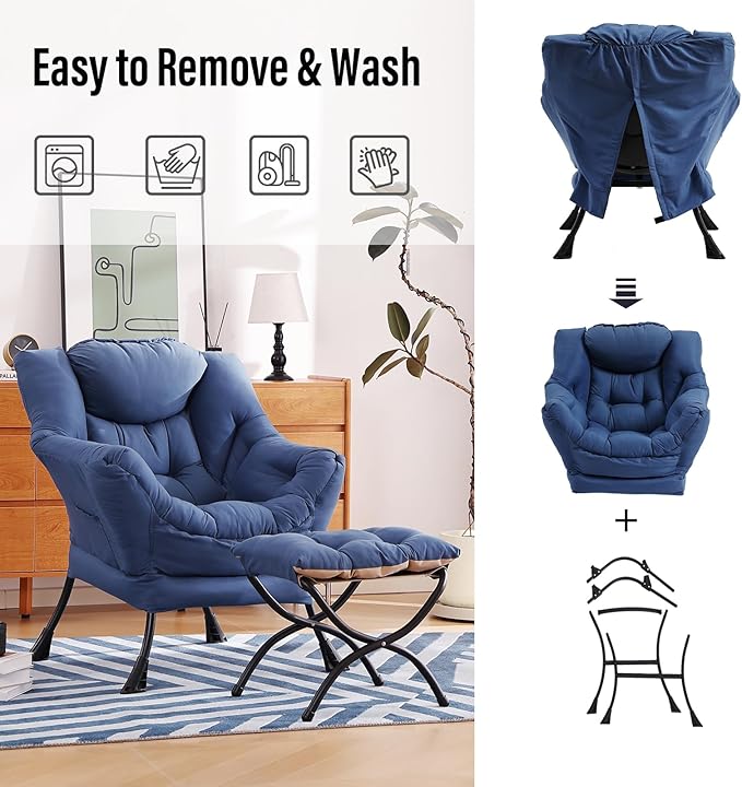 Lazy Chair with Ottoman, Modern Chair with Folding Footrest, Lounge Accent Chair, Comfortable Reading Chair (Royal Blue)