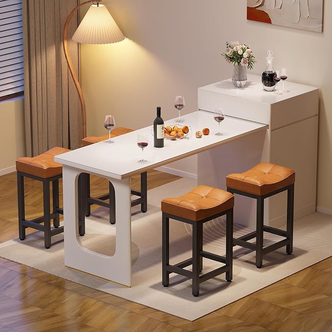 Dripex Backless Saddle Bar Stools Set of 3, Modern Faux Leather 24'' Counter Height Barstools with 4" Thick Seats & Heavy Duty Metal Legs, for Kitchen Island, Bar, Dining Room, Brown