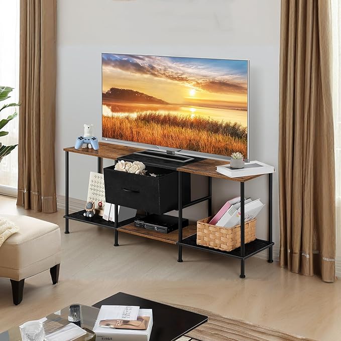 Vrisa TV Stand for 50/55 inch Television TV Cabinet with Open Storage TV Stands with Fabric Drawer Storage Organization TV Stands for Living Room Bedroom, Black+Brown