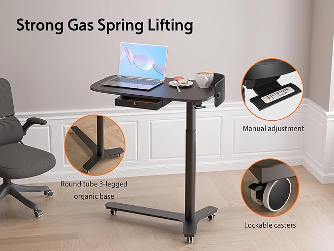 Rolling Adjustable Height Desk with Drawer and Wheels, Portable Small Standing Desk Pneumatic for Home Office, Mobile Computer Laptop Cart, Medical Sofa Overbed Table, Black