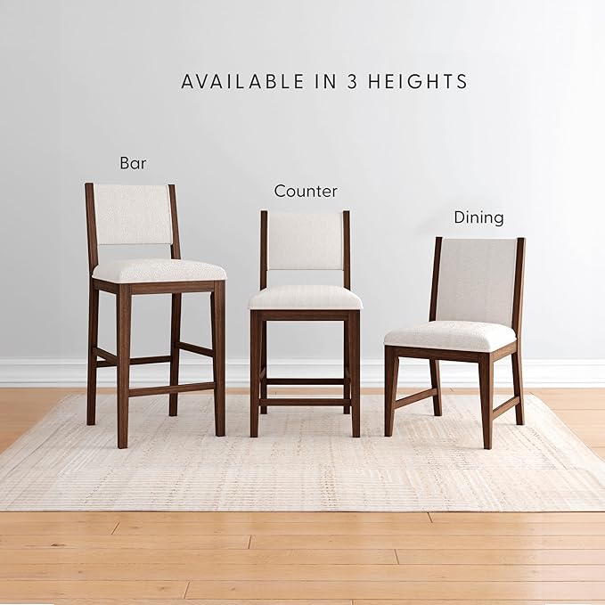 Plank+Beam Sereno Bar Stool, 30", Set of 2, Sturdy Wood Modern Kitchen Bar Height Stool, Upholstered Cushion Bar Chair with Back, Walnut/Ivory