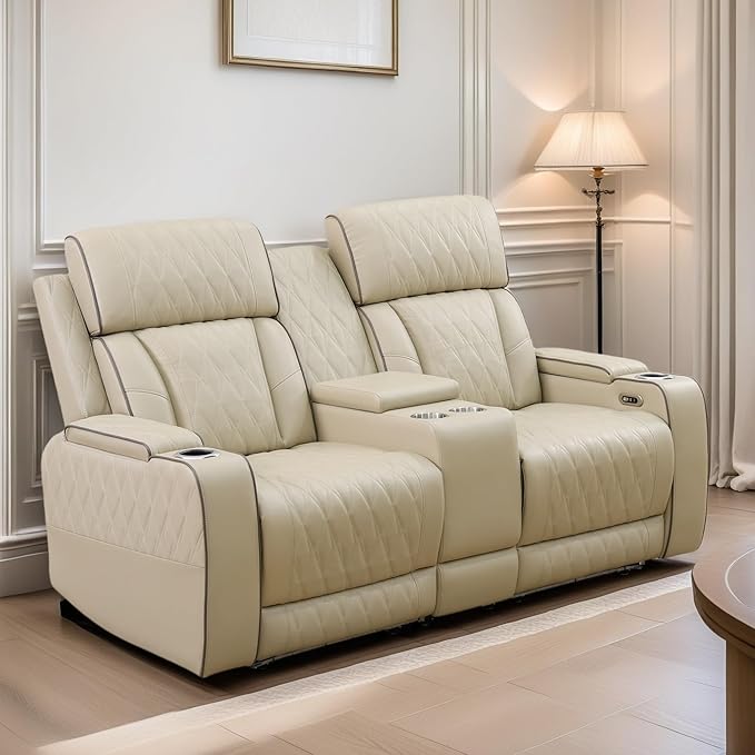 Loveseat Recliner Sofa, Reclining Loveseat Leather Couch with Storage Console, Modern Comfy Home Theater Seating Power Recliner Chair with Cup Holders for Living Room Furniture Sets, Khaki