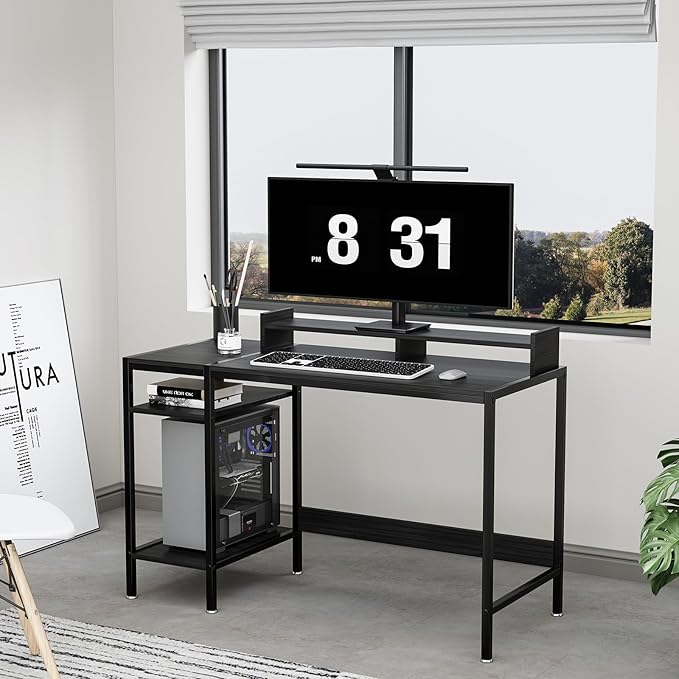 Computer Gaming Desk with Monitor Stand, Home Office Desk Suitable for 2 Monitors, Writing Desk with Adjustable Storage Space,Sturdy and Durable Modern Small Desk (Black, 47 inchs)