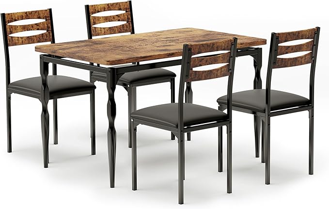 GarveeHome 5 Piece Dining Table Set, Industrial Style Dining Table and Chairs Set for 4, Kitchen Table Set for Dining Room Kitchen Apartment, Brown