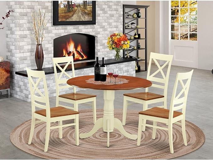 East West Furniture DLQU5-BMK-W 5 Piece Dining Table Set for 4 Includes a Round Kitchen Table with Dropleaf and 4 Dining Room Chairs, 42x42 Inch, Buttermilk & Cherry