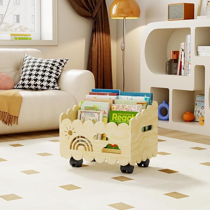 Wood Kids Bookshelf, Montessori Bookshelf, with 2 Adjustable Dividers, 4 Wheels Suitable Kids Rooms, Nursery & Classroom, Book Shelf for Kids Rooms, Toddler Book Rack, Nursery Book Shelves