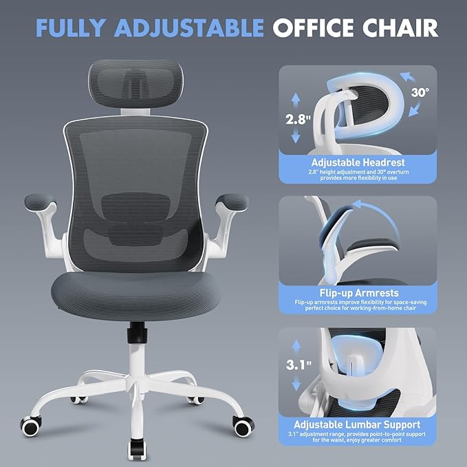 Ergonomic Office Chair with Adjustable Lumbar Support & Headrest, High Back Mesh Desk Chair with Flip-Up Armrests, Breathable & Comfortable Computer Chair for Home, Office & Study –Grey