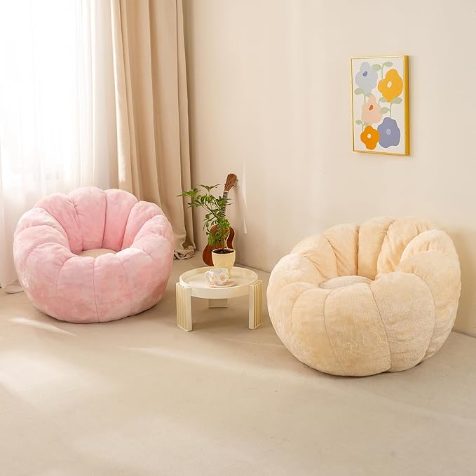 Pumpkin Bean Bag Sofa Chair, Bean Bag Chair with Filler for Teens, Kids, Toddler, Comfy and Lazy Sofa for Dorm, Apartment, Living Room and Bedroom, Ivory