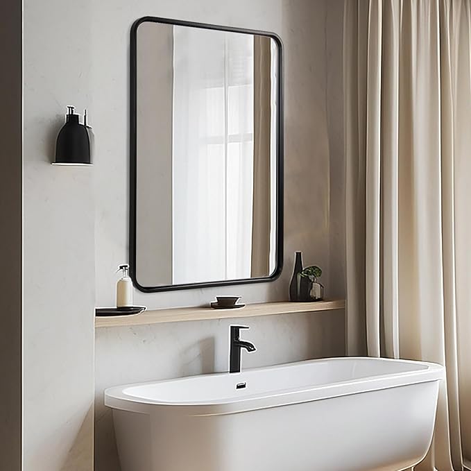 ANDY STAR 30’’x48’’ Black Bathroom Mirror, Rounded Rectangle Black Metal Framed Bathroom Vanity Mirror for Wall, Iron Tube, 1’’ Deep, Wall-Mounted Horizontal/Vertical