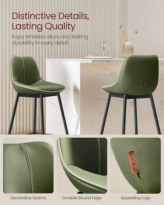 VASAGLE Bar Stools Set of 2, Bar Height Bar Stools with Back, Ergonomic Backrest, Synthetic Leather, Metal Legs, 28.7-Inch Tall Barstools for Kitchen Island Home Bar, Easy Assembly, Forest Green
