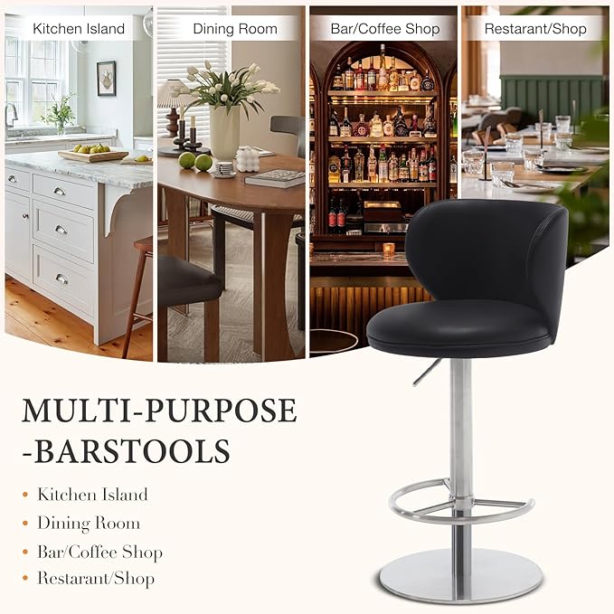 Bar Stools Adjustable Stainless Steel Swivel Barstool with Back and Footrest Leather Upholstered Bar Chairs for Home,Kitchen,Bar, Counter (Black, 1pc)