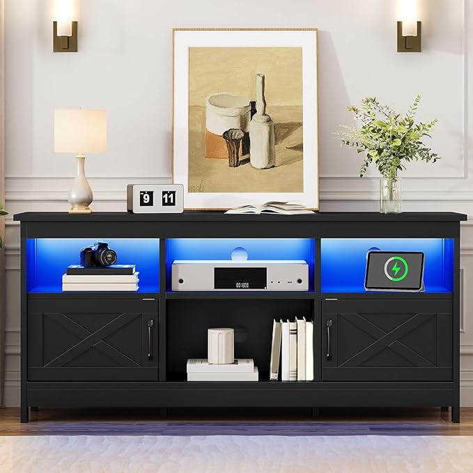 DWVO Black TV Stand for 65 Inch TV, Entertainment Centre, TV Cabinet with Power Outlet & LED Light Strip, Media Console Television Stands, Living Room Furniture 59 Inch
