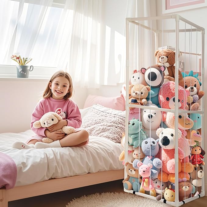 Stuffed Animal Zoo Storage - Tall PVC Material Toy Organizer with Elastic Cords & Shelf, Space-Saving Plushie Playhouse for Nursery, Playroom, Kids Bedroom - Easy Assembly