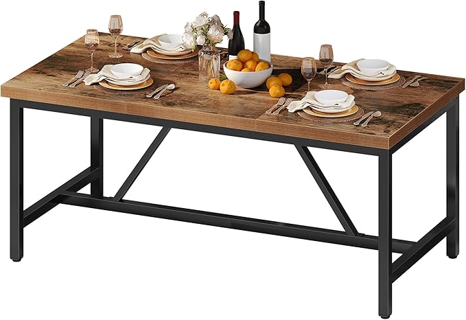 DWVO 70.8" Large Dining Room Table for 6-8 People Rectangle Kitchen Table Farmhouse Industrial Wood Style Dinning Tables with Heavy Duty Metal Leg Dinner Table for Apartment Restaurant Brown