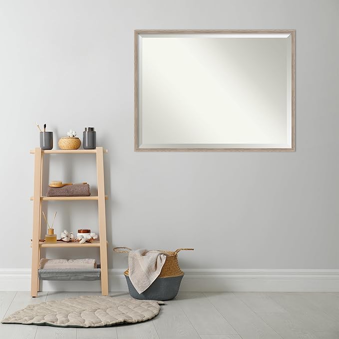 Amanti Art White Bathroom Mirror for Over Sink, 31x41 Hardwood Wedge White Wash Rectangle Vanity Mirror, X-Large Rustic Farmhouse Wood Frame, Hangs Horizonally and Vertically, Bathroom Wall Decor