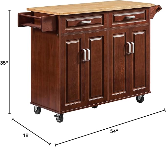 Walnut 54" Rolling Kitchen Island on Wheels, Large Kitchen Cart with Storage Cabinet, Portable Wood Island Table with 2 Drawers and Spice Rack & Towel Rack, Brown