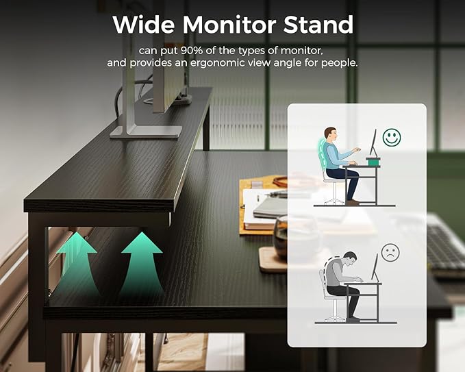 AODK Computer Desk with Drawers and Keyboard Tray, 48" Office Desk with Power Outlet and LED Lights, Reversible Study Work Desk with Printer Shelf and PC Stand for Home Office, Black