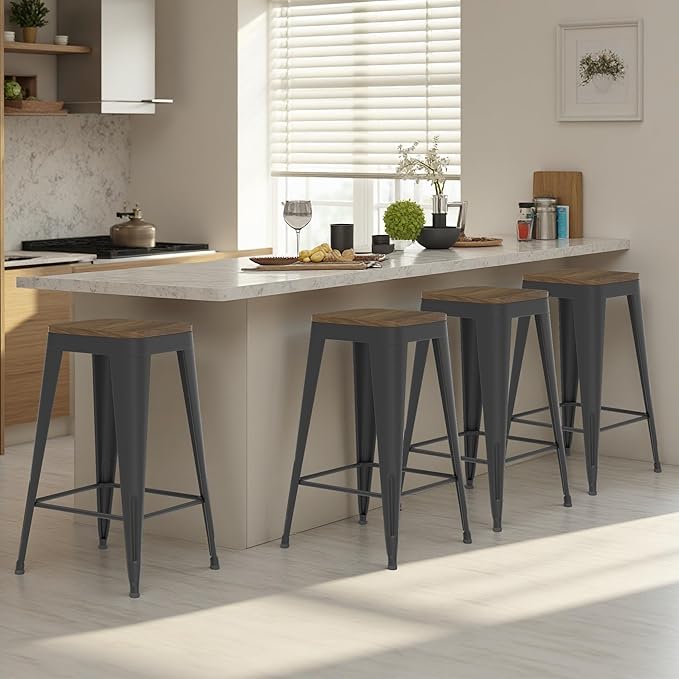 24 inch Backless Bar Stools Set of 4, Indoor Metal Bar Stools with Wood Seat, Industrial Counter Height Barstools for Kitchen Island, Black