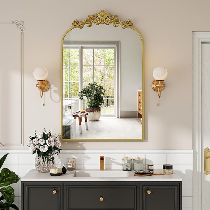Vintage Arched Bathroom Mirror, 24x36 Inch Retro Wall Mounted Vanity Mirror with Carved Pattern Top and Metal Frame, Gold Decorative Mirror for Hanging or Leaning