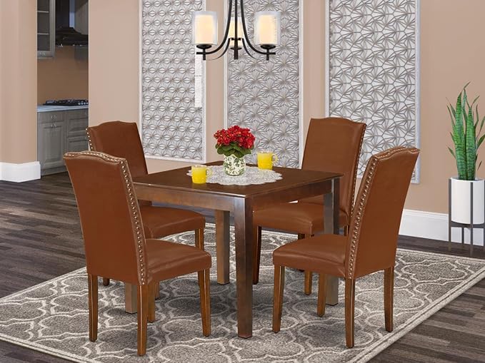 East West Furniture OXEN5-MAH-66 5 Piece Modern Dining Table Set Includes a Square Wooden Table and 4 Brown Faux Faux Leather Upholstered Chairs, 36x36 Inch, Mahogany