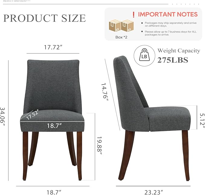 COLAMY Upholstered Dining Chairs Set of 4, Mid Century Modern Kitchen Chairs with Back, Farmhouse Fabric Side Dining Room Chairs with Wood Legs for Dining Room Restaurant, Dark Grey