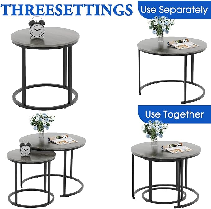 Garden 4 you Nesting Coffee Table, 23.6" Round Coffee Table Set of 2, Wooden Nesting Table Set with Metal Frame, Side Tables for Living Room Bedroom Balcony, Grey