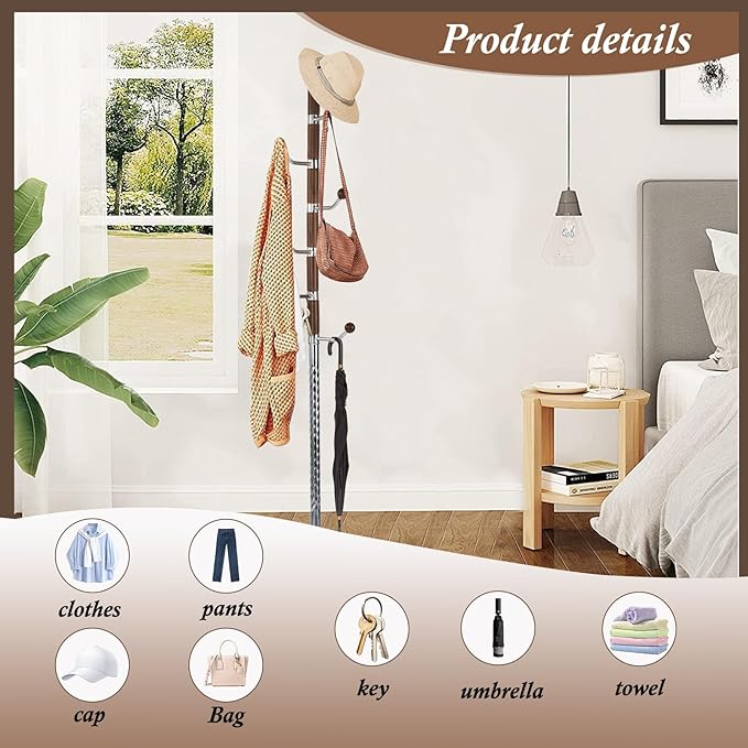Wooden Coat Rack Freestanding, Vintage Coat Racks with Sturdy Round Base, Adjustable Height 37.40"-72.83" Entrance Coat Rack for Bedroom Living Room Entryway (Walnut Metal Hook)