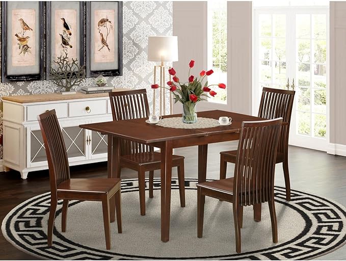 East West Furniture PSIP5-MAH-W 5 Piece Dinette Set for 4 Includes a Rectangle Dining Room Table with Butterfly Leaf and 4 Dining Chairs, 32x60 Inch, Mahogany