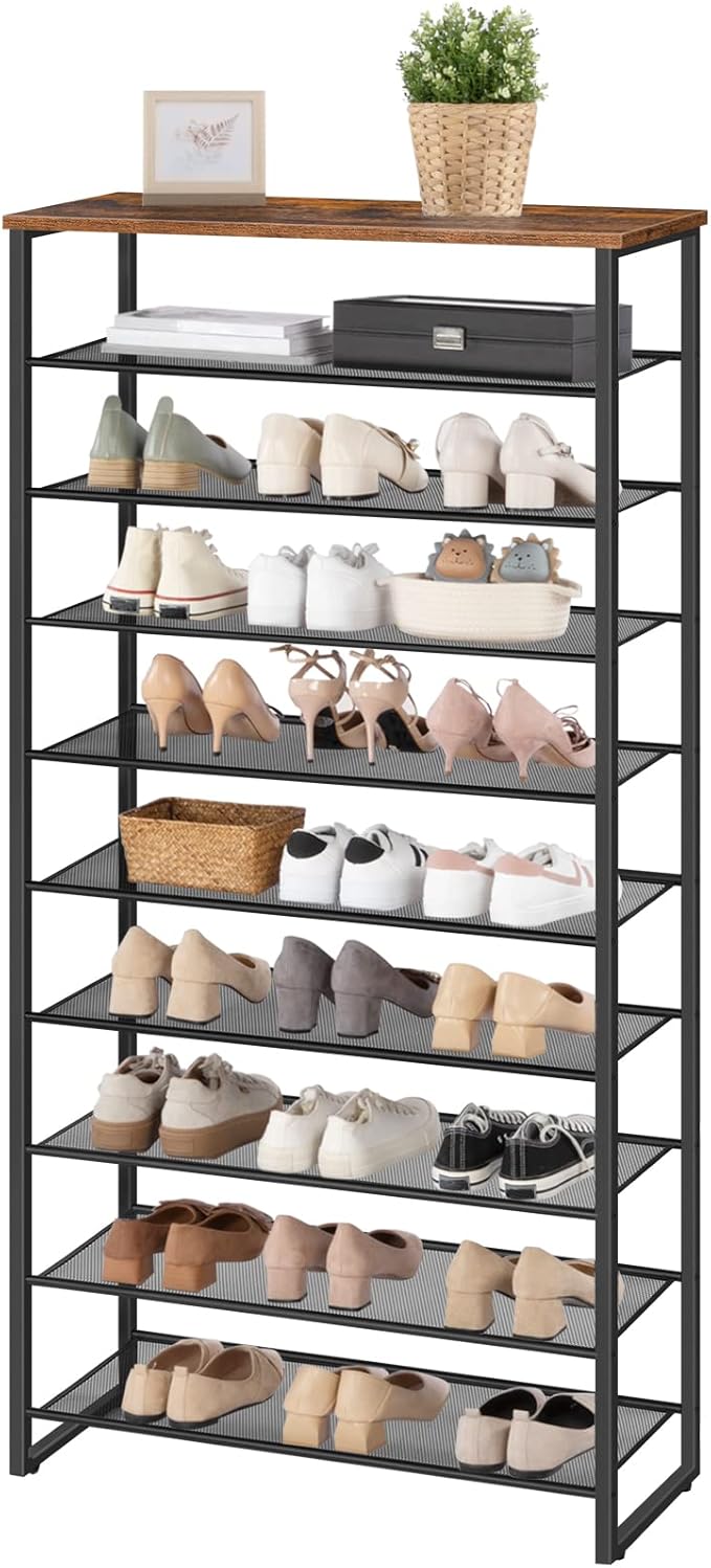 HOOBRO 10-Tier Shoe Rack, 29.5" L Shoe Storage Organizer, Large Capacity Shoe Shelf for Front Door Entrance, Entryway, Hallway, Holds 36-40 Pairs of Shoes, Closet, Rustic Brown and Black BF107XJ01