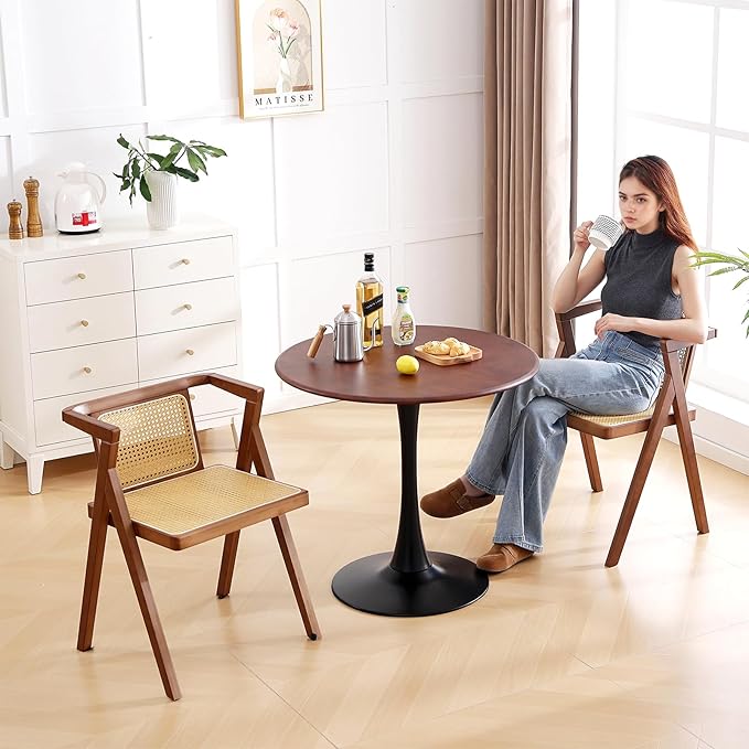 Rattan Dining Chairs Set of 2, Mid-Century Accent Armchair, Wicker Chair, Outdoor Bamboo Chair for Dining Room, Living Room, Bedroom, Kitchen, Walnut